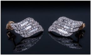 Ladies Fine 9ct gold Set Pair Of Baguette & Brilliant Cut Diamond Cluster Earrings, `Leaf` design.