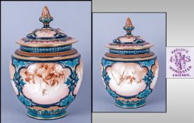 Royal Worcester Hadleys Handpainted Faience Lidded Bowl/Vase Circa 1880`s. Stands 8.5`` in height.