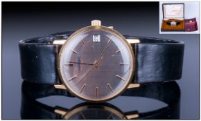 Longines Date Just Gold Plated Case Wrist Watch. Fitted to a black original Longines leather strap.