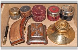 Collection Of Vintage/Antique Inkwells including 5 leather bound travelling inkwells, Also two