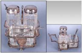 Christopher Dresser Style/Design Silver Plated Cruet Set & Stand. Circa 1900, 5`` in width. 3.25``