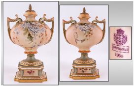 Royal Worcester Fine Quality Blush Ivory Two Handle Lidded Vase with raised enamel floral