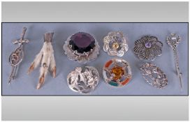 Nine Scottish Silver Brooches, mostly hallmarked, comprising Iona, hardstone etc