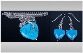 Turquoise Howlite Heart Pendant and Earrings Set, the bale of the pendant in the form of an