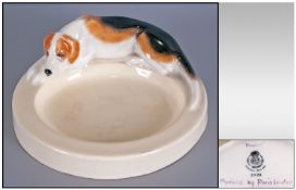 Royal Worcester Figural Round Dish `Hound` Modelled by Doris Linder. number 2873, 4.25`` in height.