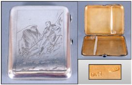 Russian Niello Silver Cigarette Case, mountain climber to cover. Silver marks for Moscow 875. Date