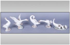 A Collection of 5 Lladro Duck Figures, Comprising Flying Duck Model No.1264, Duck Jumping, Model