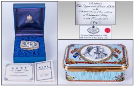 Halcyon Days Royal Golden Wedding Anniversary Enamelled Pin Box, Queen Elizabeth II and Duke of