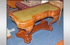 Mahogany Victorian Leather Topped Green Tooled Writing Desk on carved & shaped cabriole type legs.