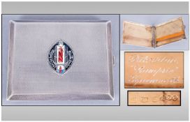 A George V Silver & Enamel Cigarette Case Of Rectangular Form with engine turned decoration, the