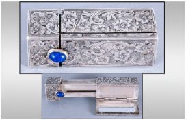 German/Austrian Late 19th Century Silver Lipstick Holder & Mirror, set with cabuchon cut Sapphire