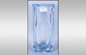 Swedish Engraved Glass Vase, rectangular column shape with thick walls and base, in clear glass,
