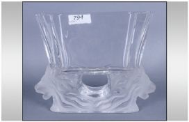 Signed Lalique Vase in the form of two frosted lions, supporting a rectangular vase above, signed
