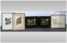 Collection of Prints and Paintings including an etching, `Irelands Mansion. Shrewsbury`, signed