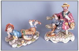 Pair Of Capo Di Monte Figures including tramp sat on a bench & boy playing with ducks. Tallest 7.