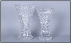 Two Various Crystal Glass Trumpet Vases, both on spread bases, one 10 inches high, the other, 9 (