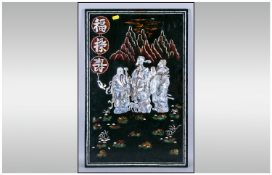 Early 20th Century Chinese Lacquered Panel inlaid with Mother of Pearl shell. Depicting three