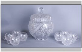 Large Glass Lidded Punchbowl, together with 8 cups. Ladle missing. Punchbowl 12`` in height