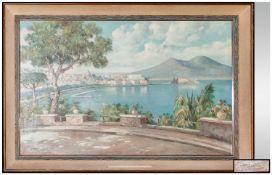 Oil Painting on Canvas of The Bay of Naples painted from a Veranda View. Signed by Salvati. In