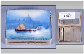A Very fine Silver & Enamel Compact Case Features a picture of St Pauls overlooking the Thames to
