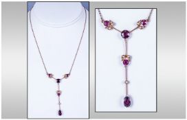 Victorian Very Fine 9ct Gold Set Rhodolite Garnet & Seed Pearl Pendant Drop Necklace Circa 1860`s.