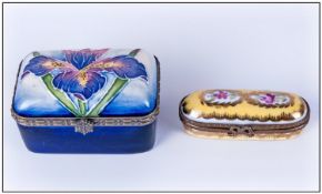 Moorcroft Style Small Trinket Box, tubelined iris pattern to lid, in original box, plus small,