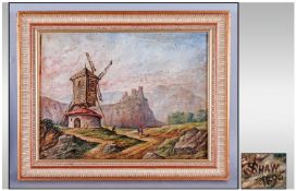 John (clock) Shaw, A Windmill In A Continental Landscape With A Castle On Top Of A Hill & figures