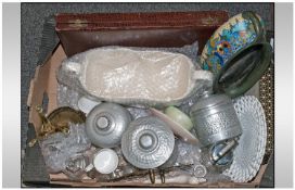 Box of Assorted Ceramics and Metalware including ribbon plates, flatware, Huntley and Palmers