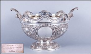 Victorian Goldsmith & Silversmith Company Fine Silver Two Handle Embossed Punch Bowl. Vacant