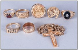 Collection Of 9ct Gold Jewellery, Comprising Cross And Chain + 7 Rings. Gross Weight 45 Grams
