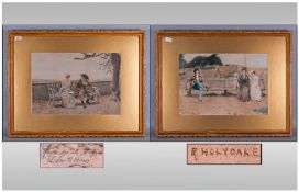 A Pair of Coloured Prints, after R Holyoake of Courting Couples. In large gilt frames. 30 by 24