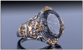 Black Rutile Quartz Fancy Solitaire Ring, an unusual type of quartz displaying a natural mesh of