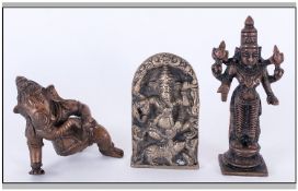 Three Brass Indian Figures Comprising Ganesh, Vishnu & one other.