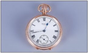 Waltham 9ct Gold Cased Open Faced Pocket Watch, White dial, Black markers, Hallmark Birmingham