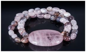 Rose Quartz and Botswana Agate Bracelet, large, flattened oval piece of rose quartz centred on