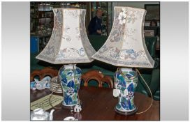 Pair of Large Table Lamps blue and green leaf decoration with traditional style shades.
