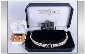 Lotus Royale Faux Pearl Choker, three rows of white simulated pearls, centred by a simulated blue
