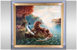 A Oil Painting On Canvas Of A Otter Catching A Salmon On The River Bank Loch Scene In The Distance