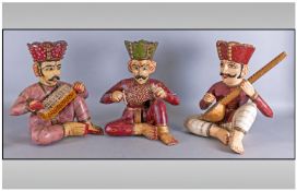 Set Of Three Indian Figures Playing Instruments, including drums & sitar. Each 12`` in height.