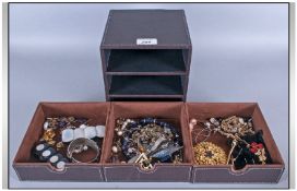 Leatherette Box Three Drawers Containing Mixed Costume Jewellery Comprising chains beads brooches