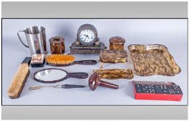 Box of Collectables including dominoes set, tortoise shell dressing table set, Quartx mantle clock.