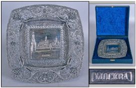 Beautiful Filigree Pewter & Silvered Metal Wall Plaque/Table Stand featuring Moscow Skyline. Good