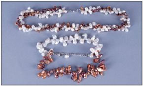 Copper Brown and White Keshi Pearl Necklace and Bracelet Set, both comprising a row of each colour,