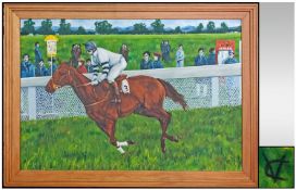 A Large Oil Painting on canvas of a Jockey Riding a Horse `At  the Gallop`, with figures in the