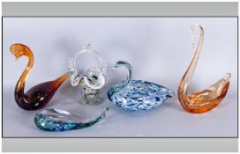 Five Pieces Of Murano Style Glass Comprising three bowls in the form of swans, bride basket & glass