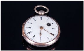 Open Faced Pocket Watch, The white enamel dial with Roman numerals and winding arbor. Etched