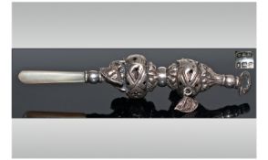 Edwardian Silver And Pearl Handle Baby's Rattle. Hallmark Birmingham 1911. Length 5 inches. Used