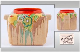 Clarice Cliff Hand Painted Two Handled Square Shaped Jar. Jonquil pattern, circa 1935. Height 5