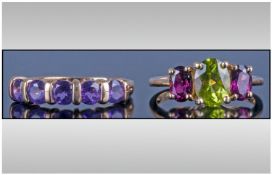 Ladies Nice Quality 9ct Gold Set 3 Stone Amethyst And Peridot Dress Ring. Fully hallmarked. Together