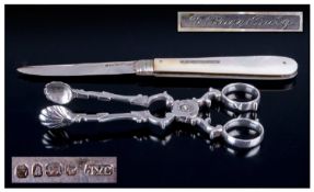 Silver Bladed and Mother of Pearl Penknife, in original leather case, long, narrow cartouche set